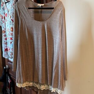 Umgee Tan Long Sleeve Top with Lace Hem